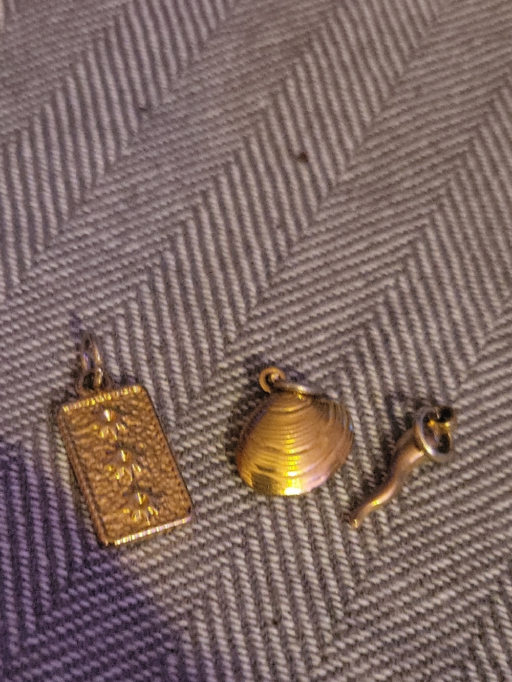 Gold Tone Vintage Charm Trio - Shell, Rectangle Floral, and Horn